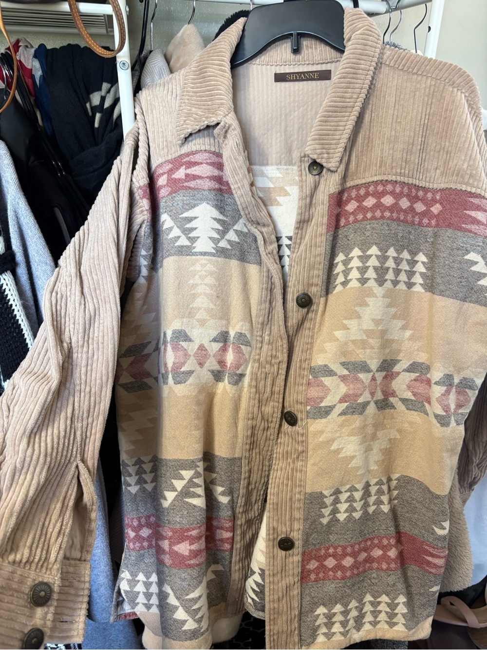 Shyanne Tan & Mauve Corduroy-Trim Aztec Jacket